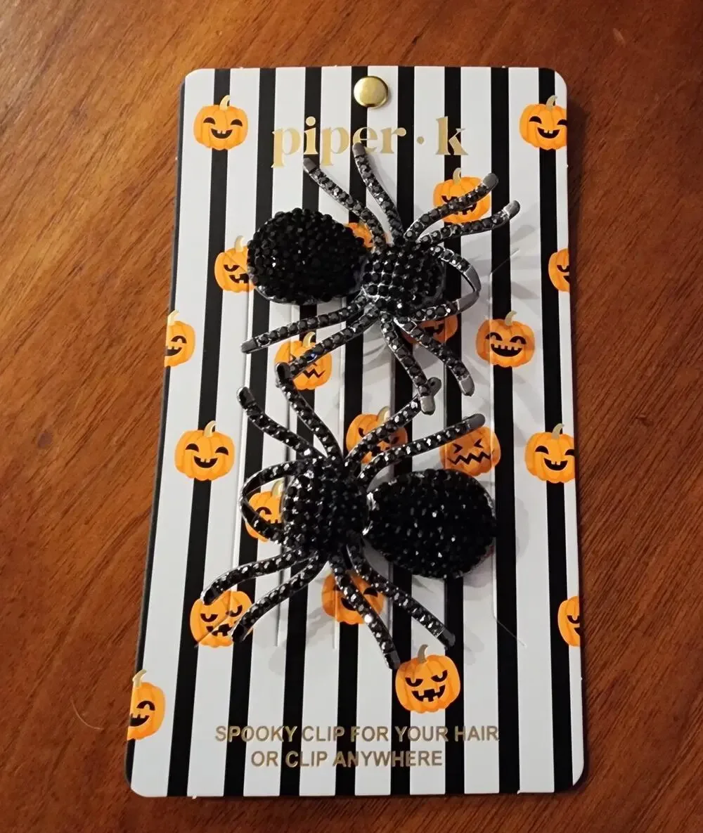 Set of 2 Giant Black Rhinestone Spiders Hair Purse Clips Halloween Spooky NWT